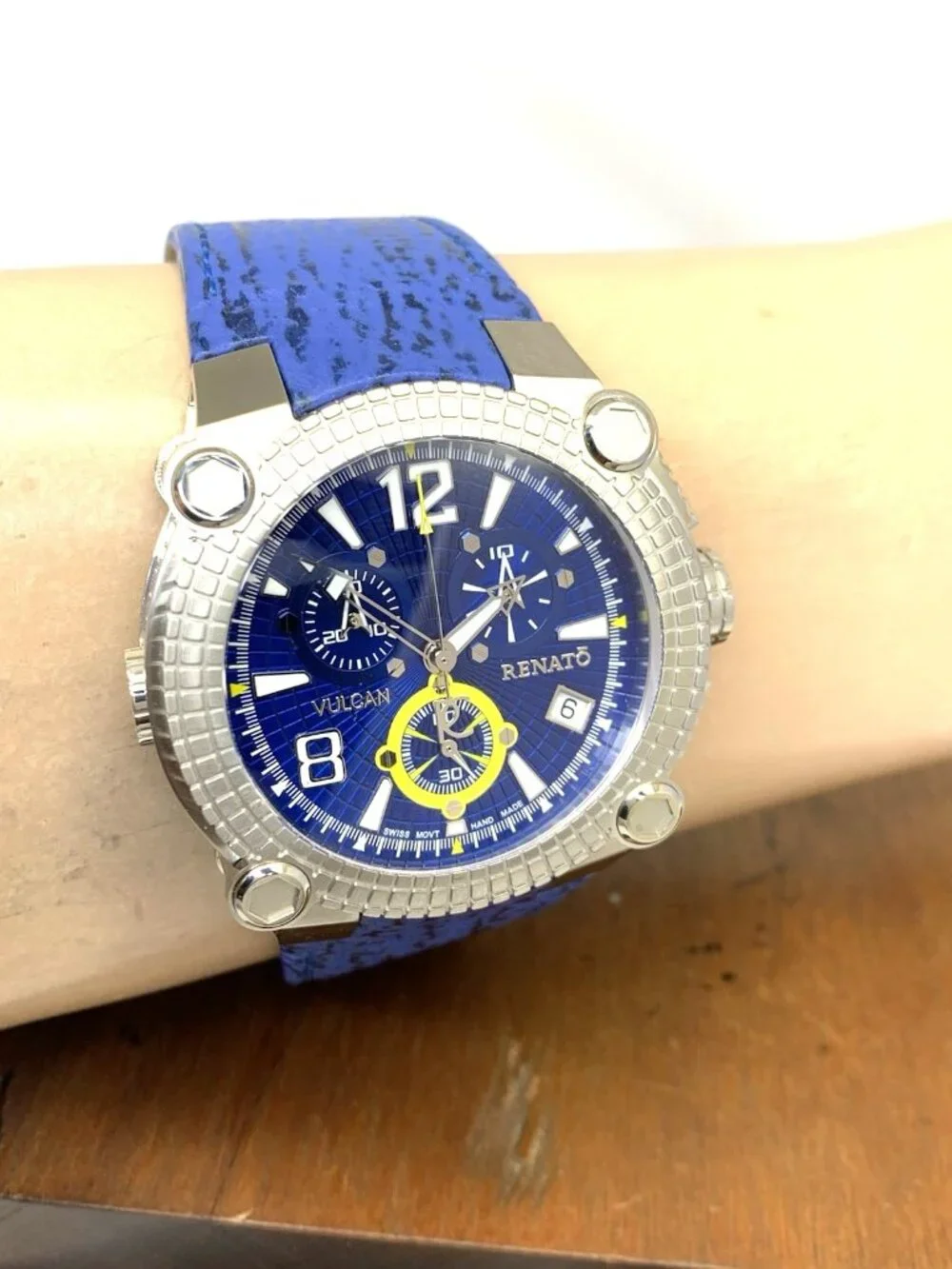 Renato Vulcan Men's Watch Swiss Quartz Chronograph Blue Dial Leather Strap 46mm